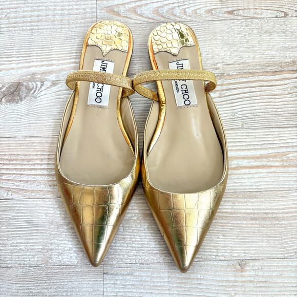 Jimmy Choo Shoes - Jimmy Choo Gold Croc Embossed Pointed Toe Mary Jane Mules | 35